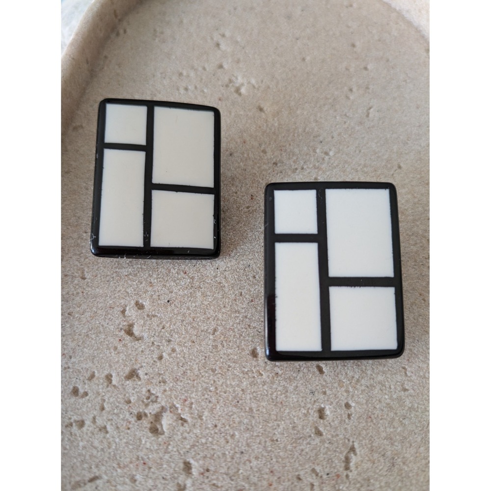 Vintage '80S Earrings Black & White Modernist Abstract Art Mod Geometric Clip On